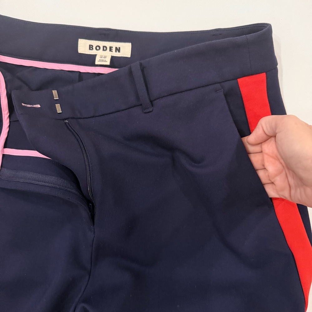 Boden Exeter Wide Leg Trouser Pants Navy with Red Racing Stripe 12P Petite EUC - Picture 6 of 10